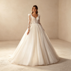 Elegantes Ballkleid in Weiß mit Schleppe | Prinzessinnen Abendkleid mit Langen Spitzenärmeln, Schulterpolstern und Herz-Ausschnitt