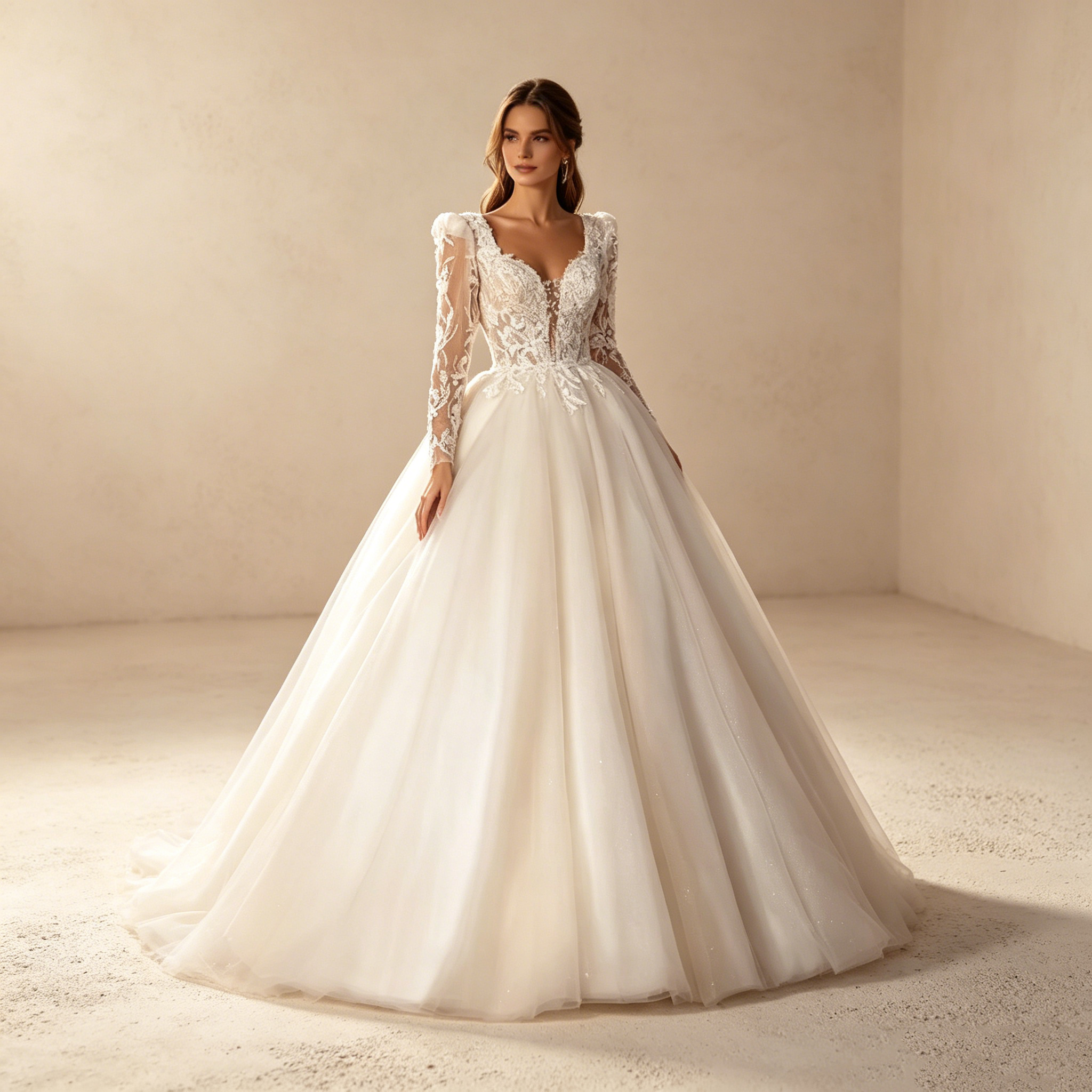 Elegantes Ballkleid in Weiß mit Schleppe | Prinzessinnen Abendkleid mit Langen Spitzenärmeln, Schulterpolstern und Herz-Ausschnitt