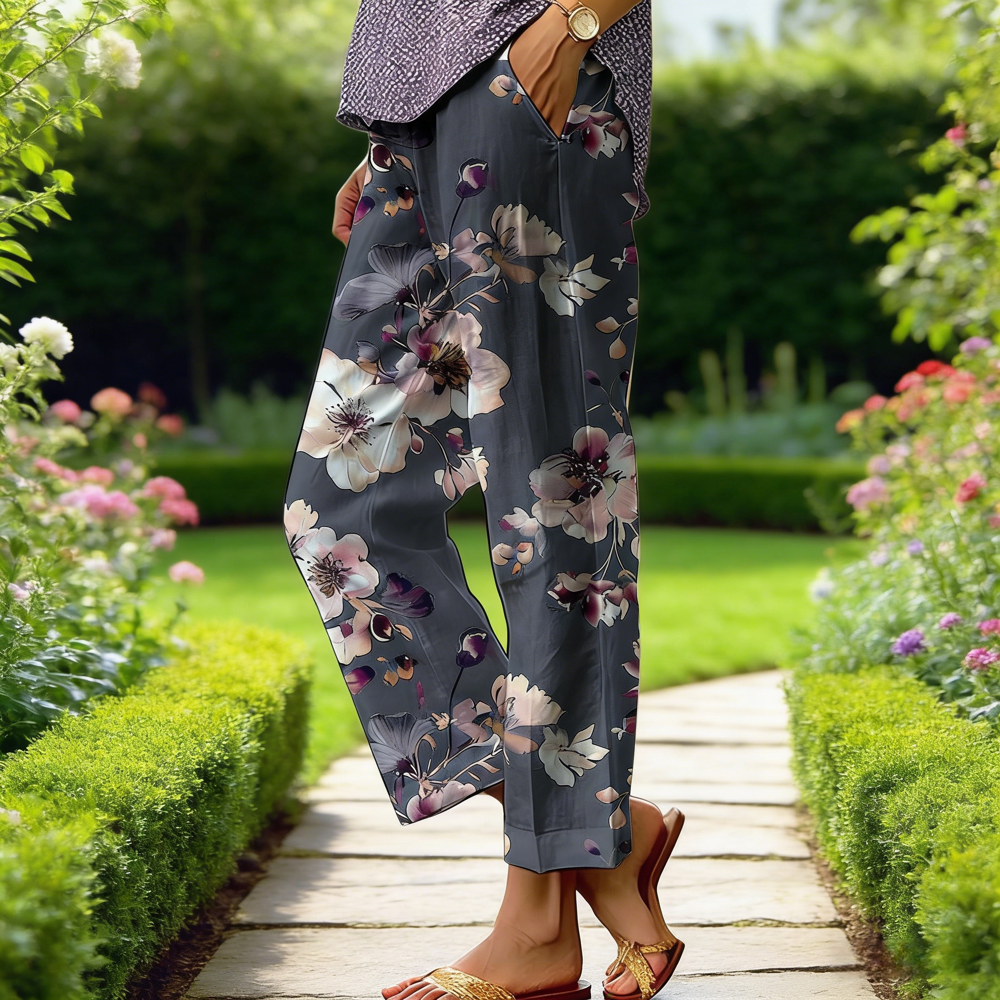 Boho Damen Weite Hose Anthrazit: Luftige Culotte mit Floral-Print, Bequeme Freizeithose mit Taschen für Frühling & Sommer, Vintage Forest Style S-3XL