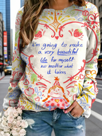 Damen Oversize Sweatshirt Grün: Künstlerischer Ölmalerei-Print mit schwarzer Katze & Garten, Rundhals-Ausschnitt, Reine Baumwolle, Ganzjährig S-5XL