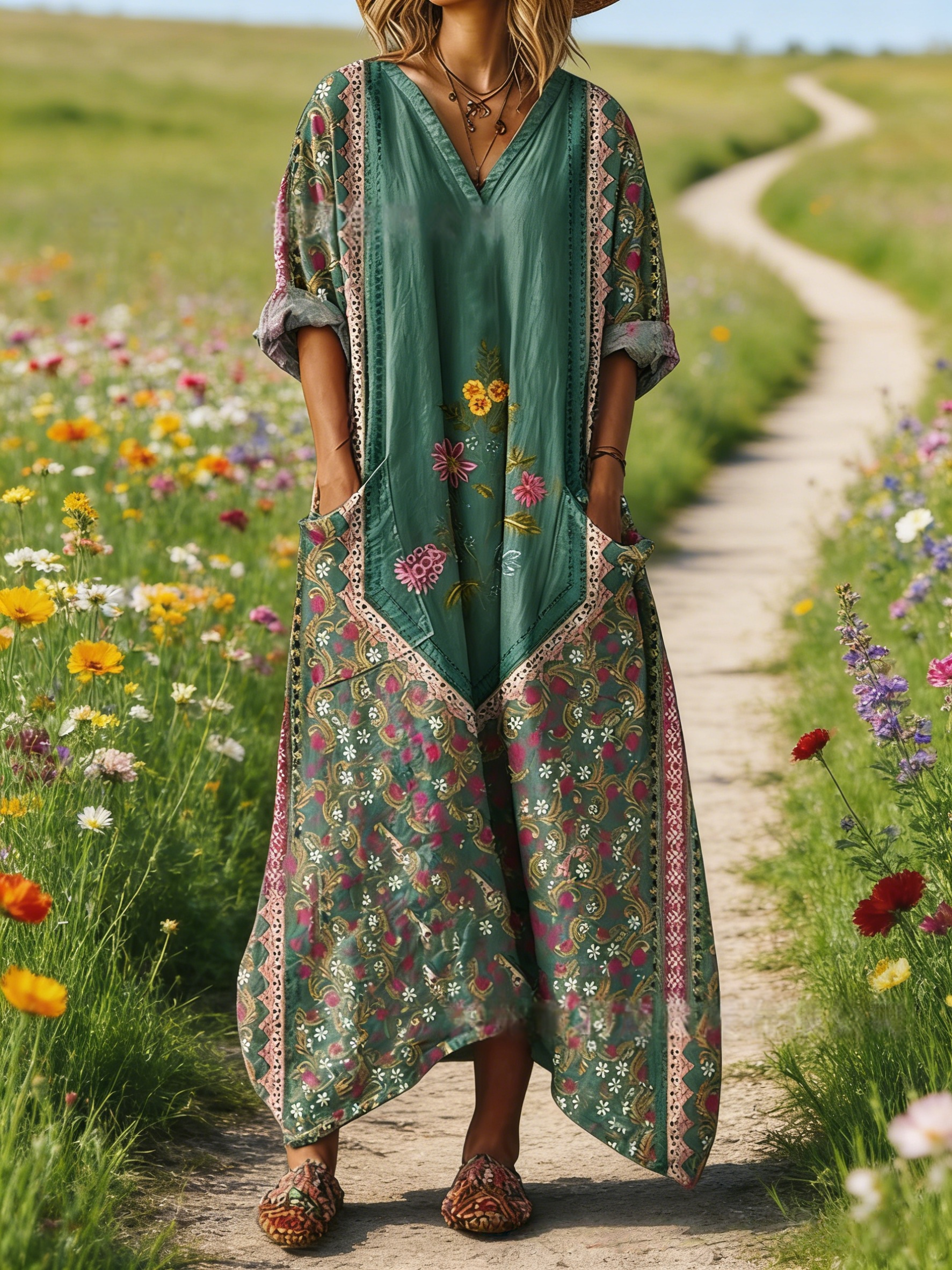 Damen Boho-Maxikleid im Vintage-Stil Dunkelgrün: Floraler Ethno-Print, V-Ausschnitt & Praktische Taschen, Bequeme Passform, Ganzjährig S-5XL