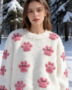 3D-Druck Damen Weißer Flanell Sweatshirt mit Katzenpfoten｜Weiches Warmes Winter Rundhals Oberteil Size S-5XL