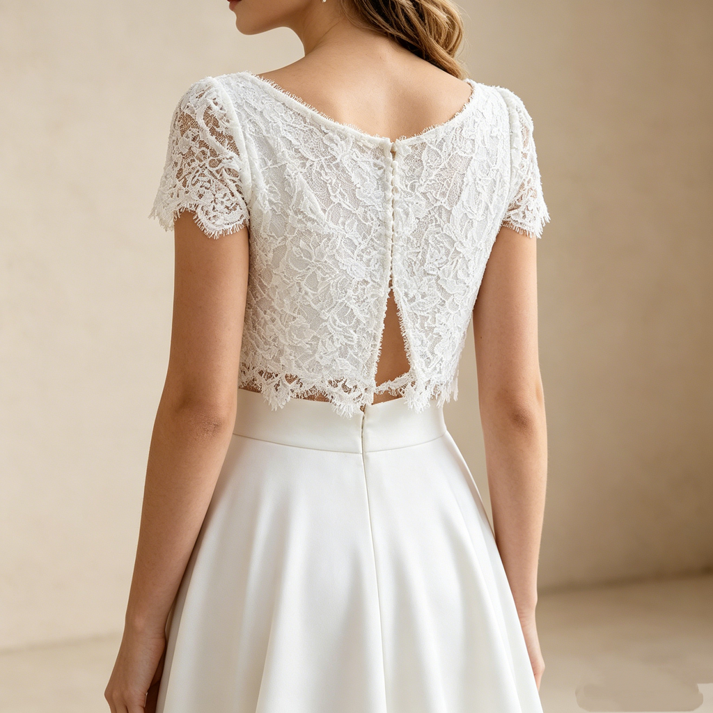 Zweiteiliges Abendkleid mit Spitzenoberteil | Weißes Maxikleid mit Vokuhila-Rock