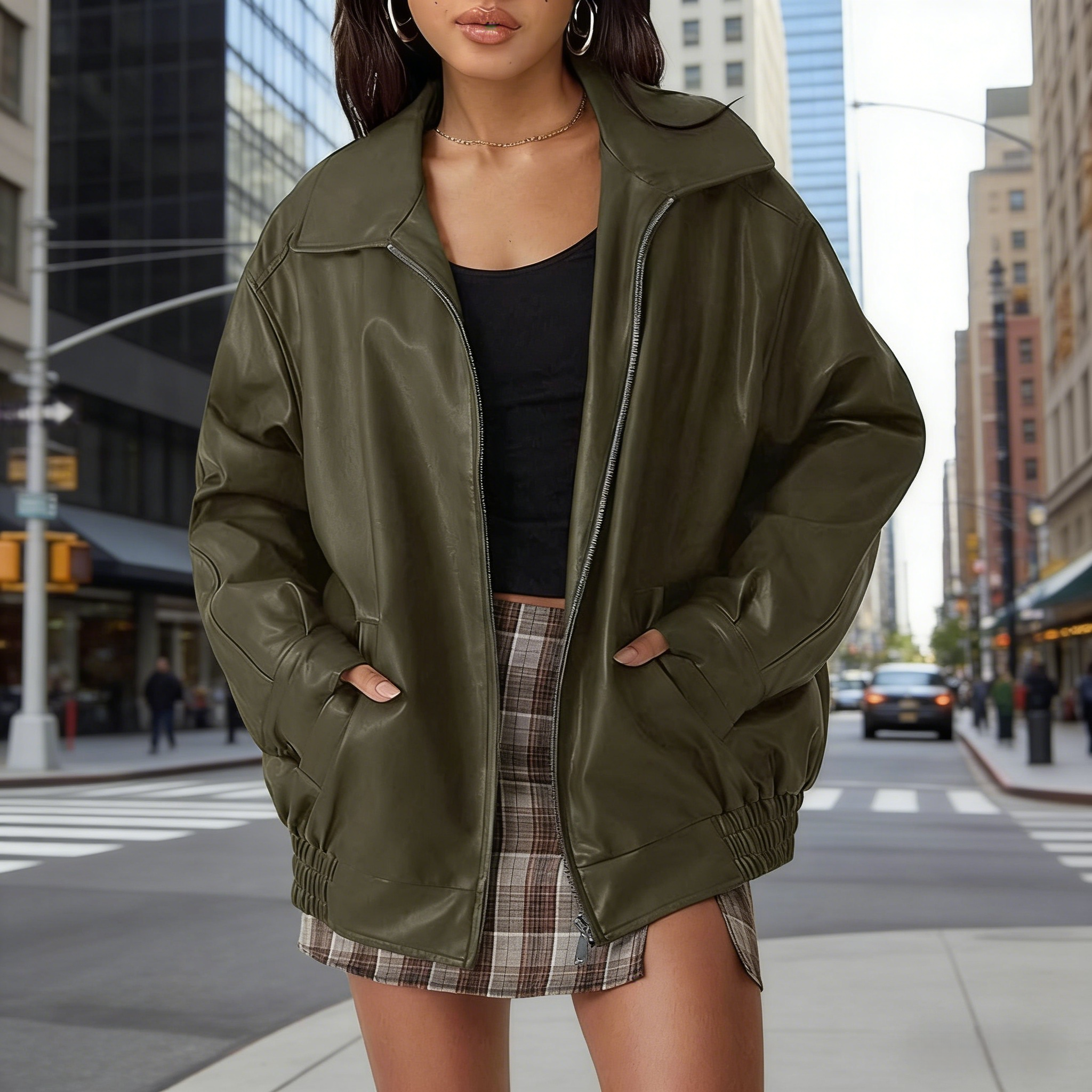 Damen Oversize Lederjacke Olivgrün: Bomber-Schnitt mit Reverskragen, Vintage Kunstleder-Jacke im Retro-Look, Lockerer Sitz, Ganzjährig S-2XL