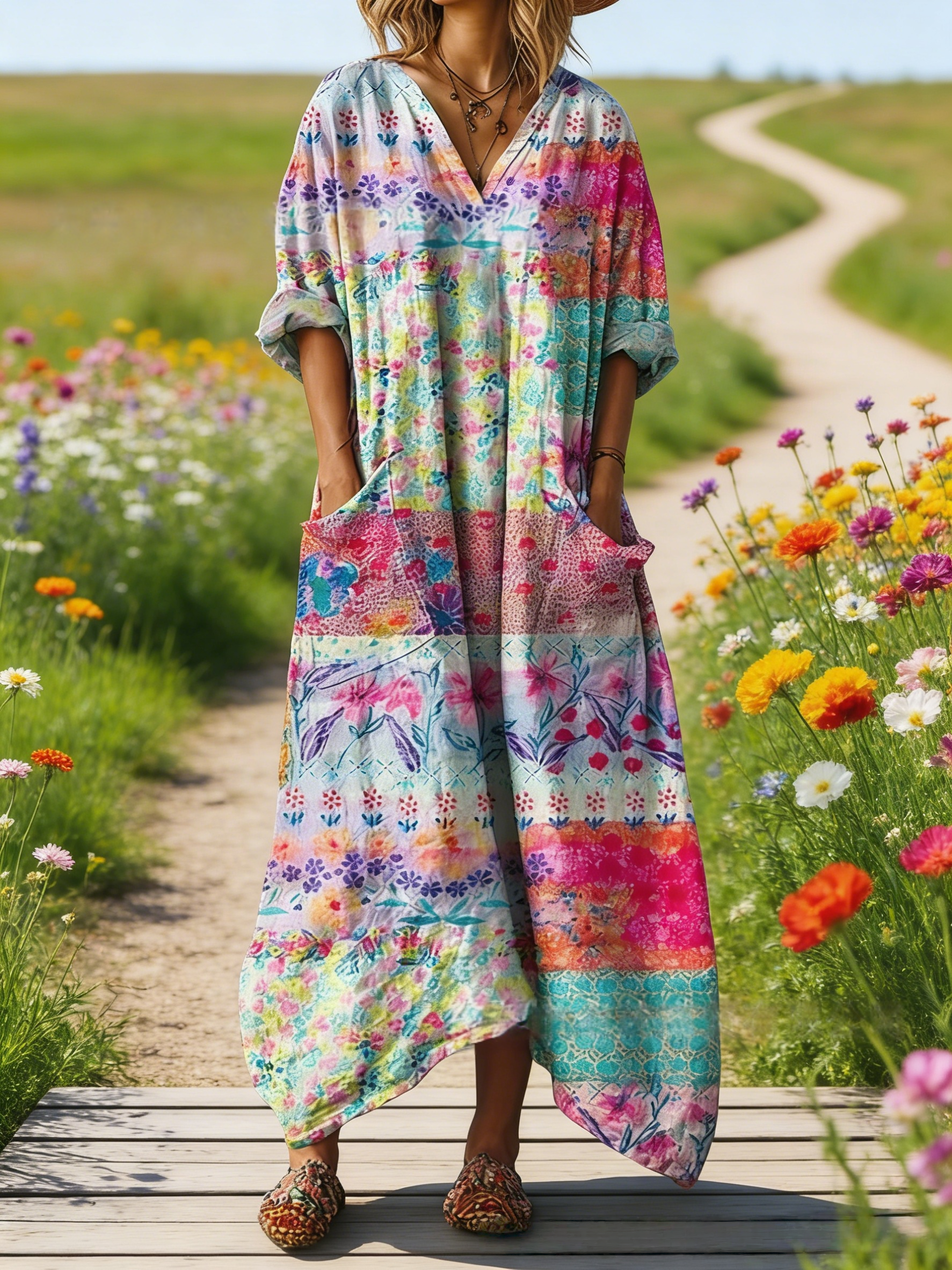 Damen Boho-Maxikleid im Vintage-Stil Weinrot: Ethno-Art & Ornament-Print, V-Ausschnitt & Praktische Taschen, Bequeme Passform, Ganzjährig S-5XL