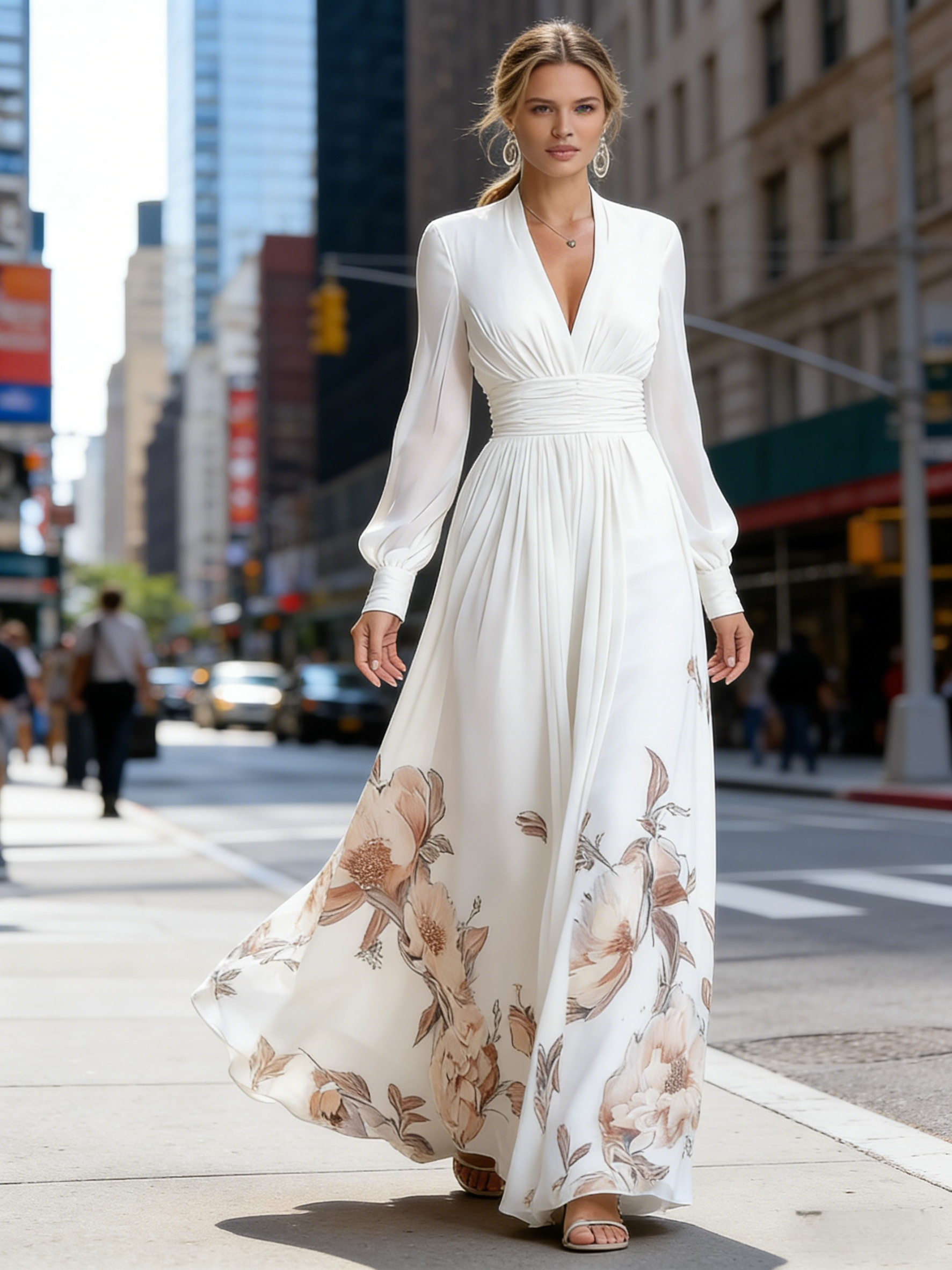 Edles Chiffon-Maxikleid Damen Weiß: Elegantes Blumenmuster im französischen Stil, Figurbetont mit V-Ausschnitt, Ganzjährig S-2XL