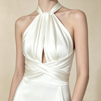 Halterneck Satin Abendkleid Elegant Maxi mit Beinschlitz Neckholder Ballkleid Ärmellos Bodenlang für Damen