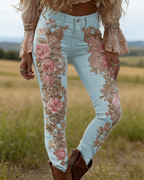 Skinny Leggings Hellblau: 3D-Druck Rosen-Stickerei Optik, Jeans-Look, Shaping S-5XL