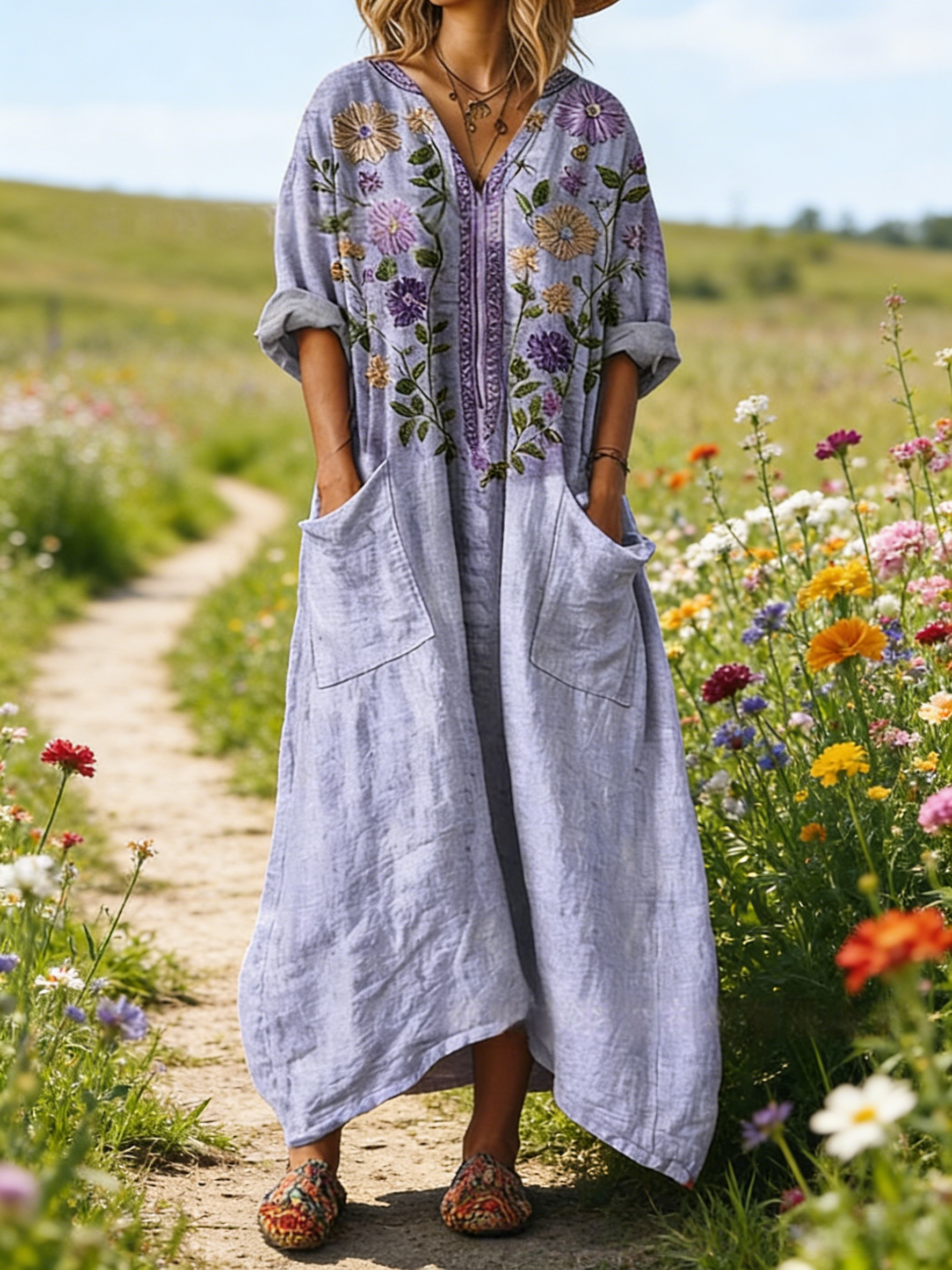 Damen Boho-Maxikleid im Vintage-Stil Lavendel: Kunstvoller Floral-Print, V-Ausschnitt & Praktische Taschen, Bequeme Passform, Ganzjährig S-5XL