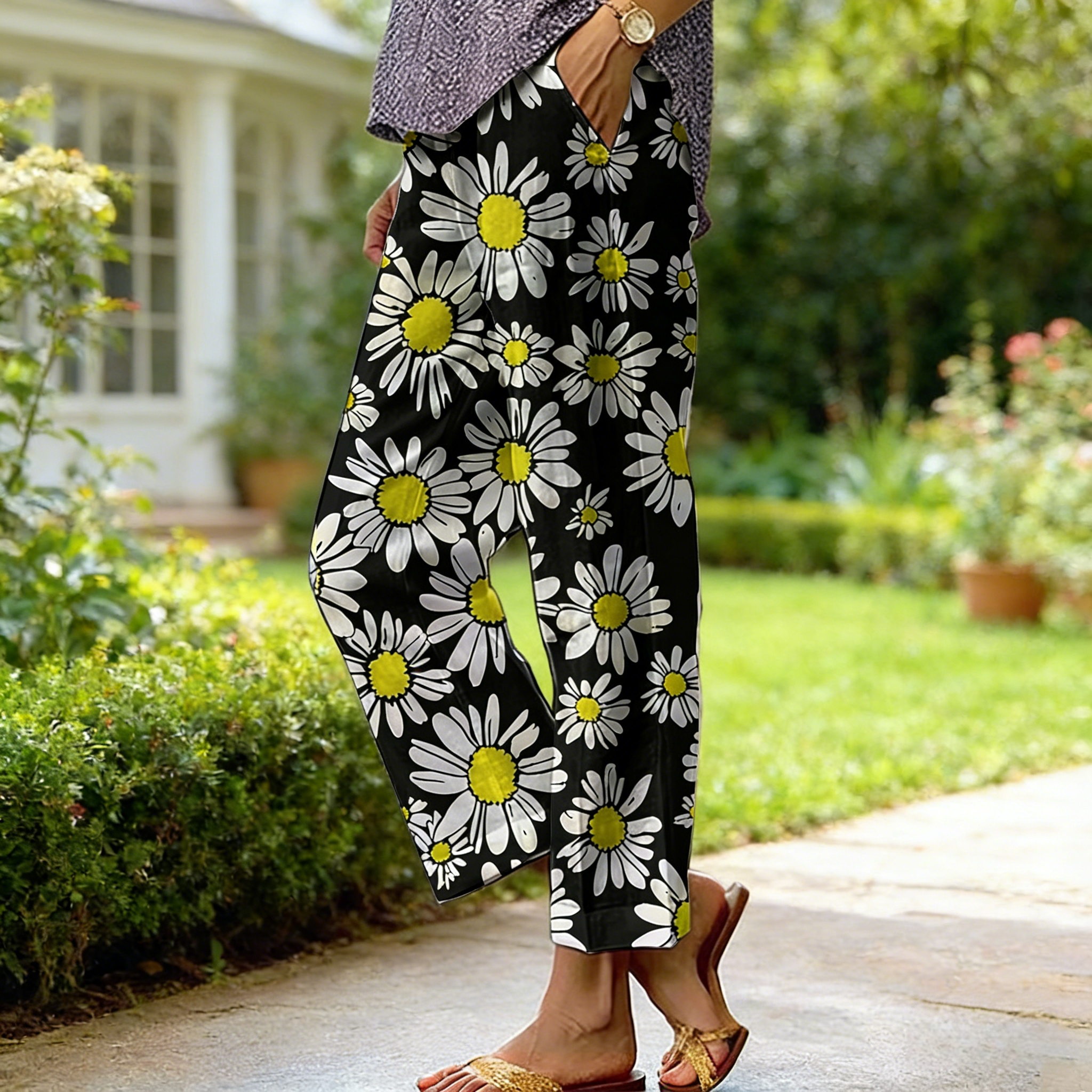 Boho Damen Weite Hose Schwarz: Luftige Culotte mit Gänseblümchen-Print, Bequeme Freizeithose mit Taschen für Frühling & Sommer, Vintage Forest Style S-3XL