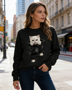 3D-Druck Damen Sweatshirt Schwarz-Blau: Süße Katze Design, Kontrastfarben mit Reißverschluss, Casual Langarmshirt S-5XL