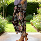 Boho Damen Weite Hose Beige-Bunt: Luftige Culotte mit Vintage Blumen & Schmetterling Print, Bequeme Freizeithose mit Taschen für Frühling & Sommer S-3XL