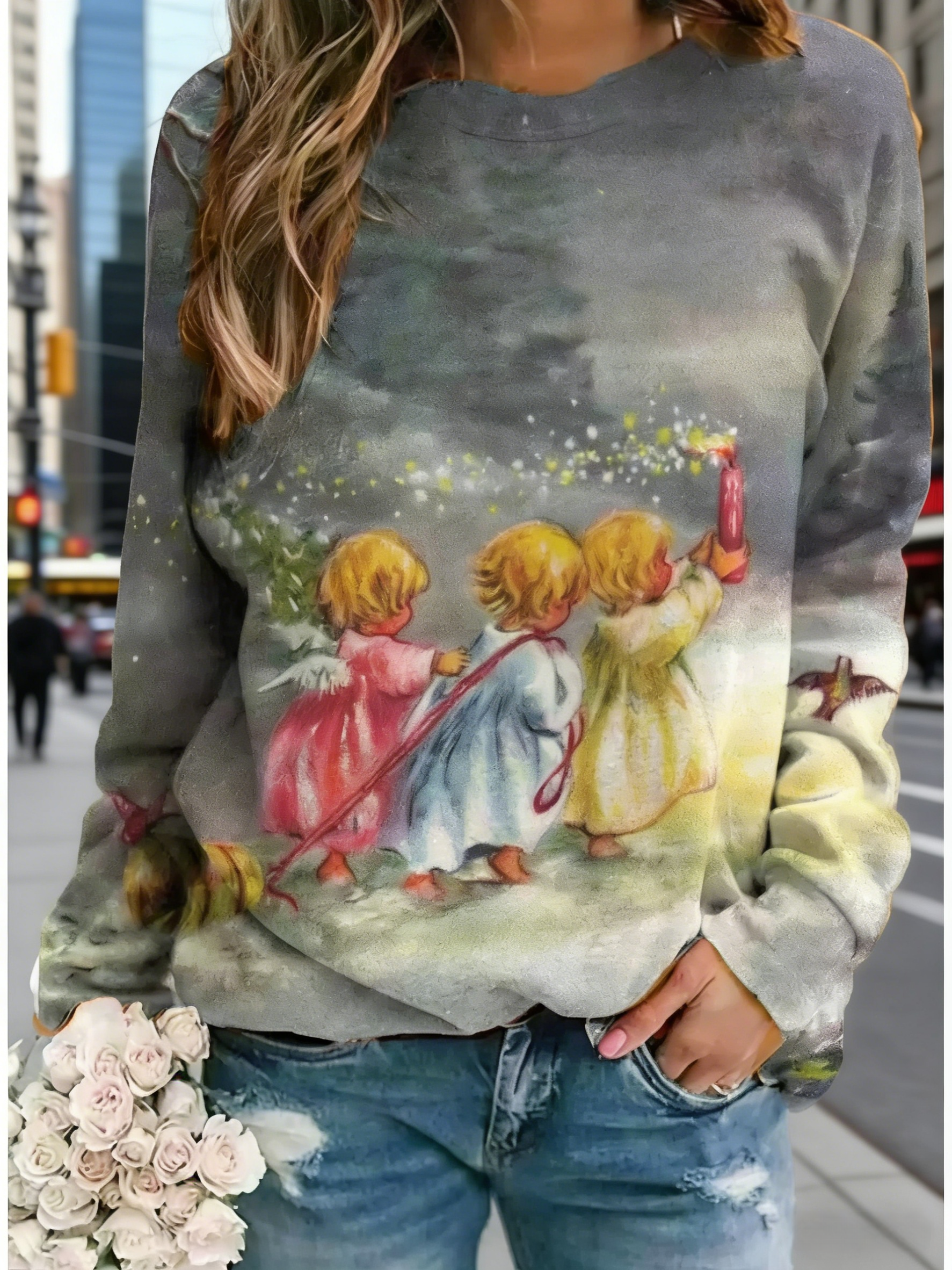 Damen Oversize Sweatshirt Mehrfarbig: Künstlerischer Ölmalerei-Print (Europäische Stadt & Brunnen), Rundhals-Ausschnitt, Reine Baumwolle, Ganzjährig S-5XL