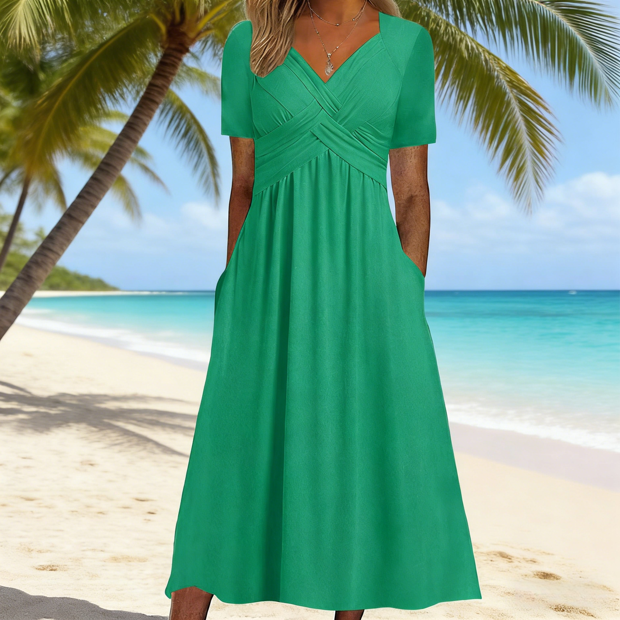 Damen Sommerkleid Hellgrün: Elegantes A-Linien Kleid mit V-Ausschnitt & Wickeloptik, Kurzarm Freizeitkleid mit Taschen, Knielanges Jerseykleid für Business & Alltag S-5XL