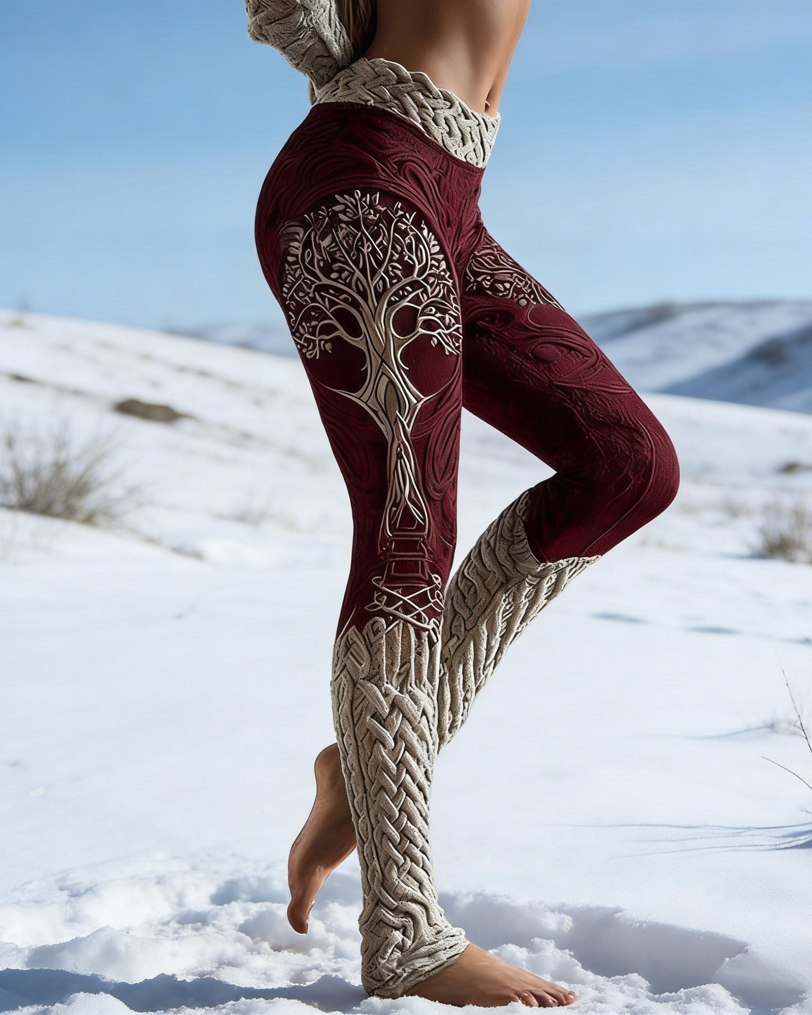 Viking Leggings Weinrot Weiß: 3D-Print Keltischer Knoten, Push Up Yoga-Hose Fit Größe S-5XL