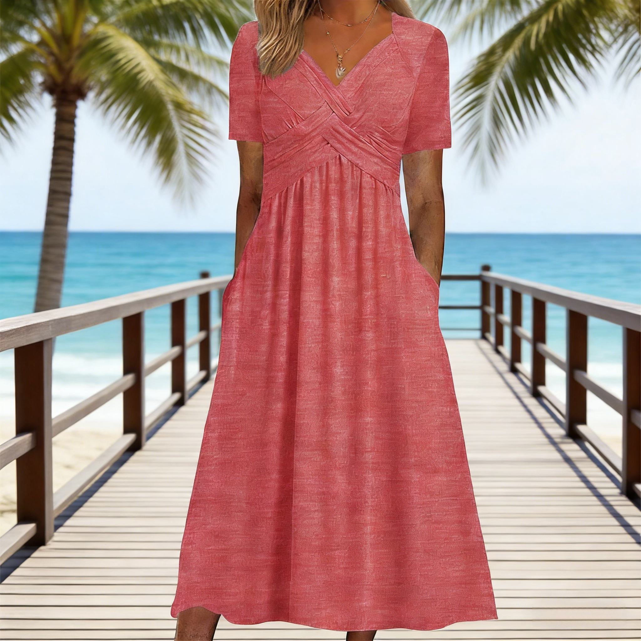 Damen Sommerkleid Koralle: Elegantes A-Linien Kleid mit V-Ausschnitt & Wickeloptik, Kurzarm Freizeitkleid mit Taschen, Knielanges Jerseykleid für Business & Alltag S-5XL