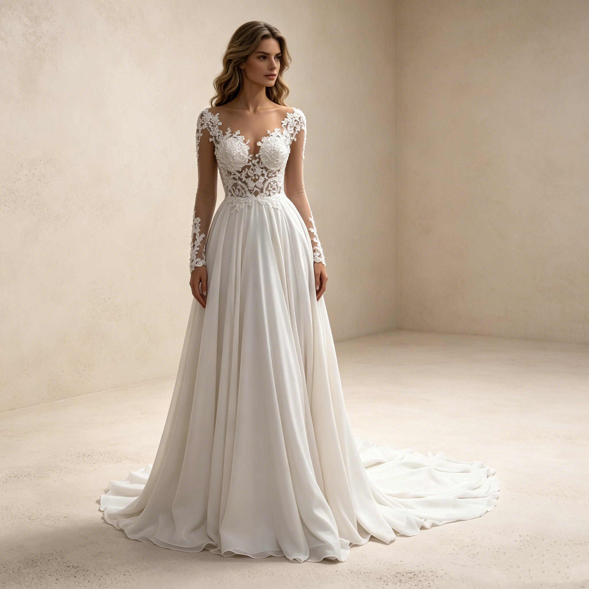 Elegantes A-Linien Abendkleid Weiß mit Schleppe | Transparentes Spitzen-Oberteil mit Langen Ärmeln und Fließendem Chiffonrock