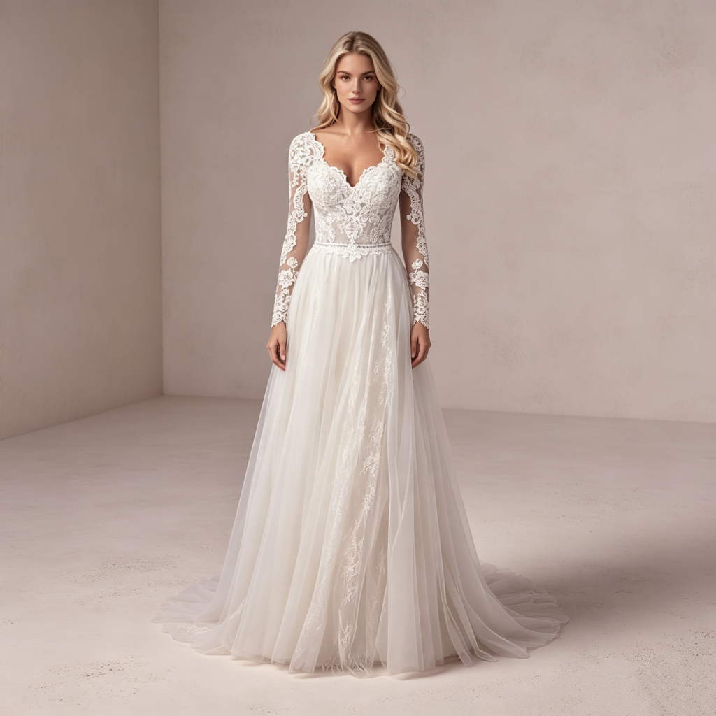 Elegantes High-Neck Abendkleid lang mit Spitze | Weißes Prinzessin Gala-Kleid