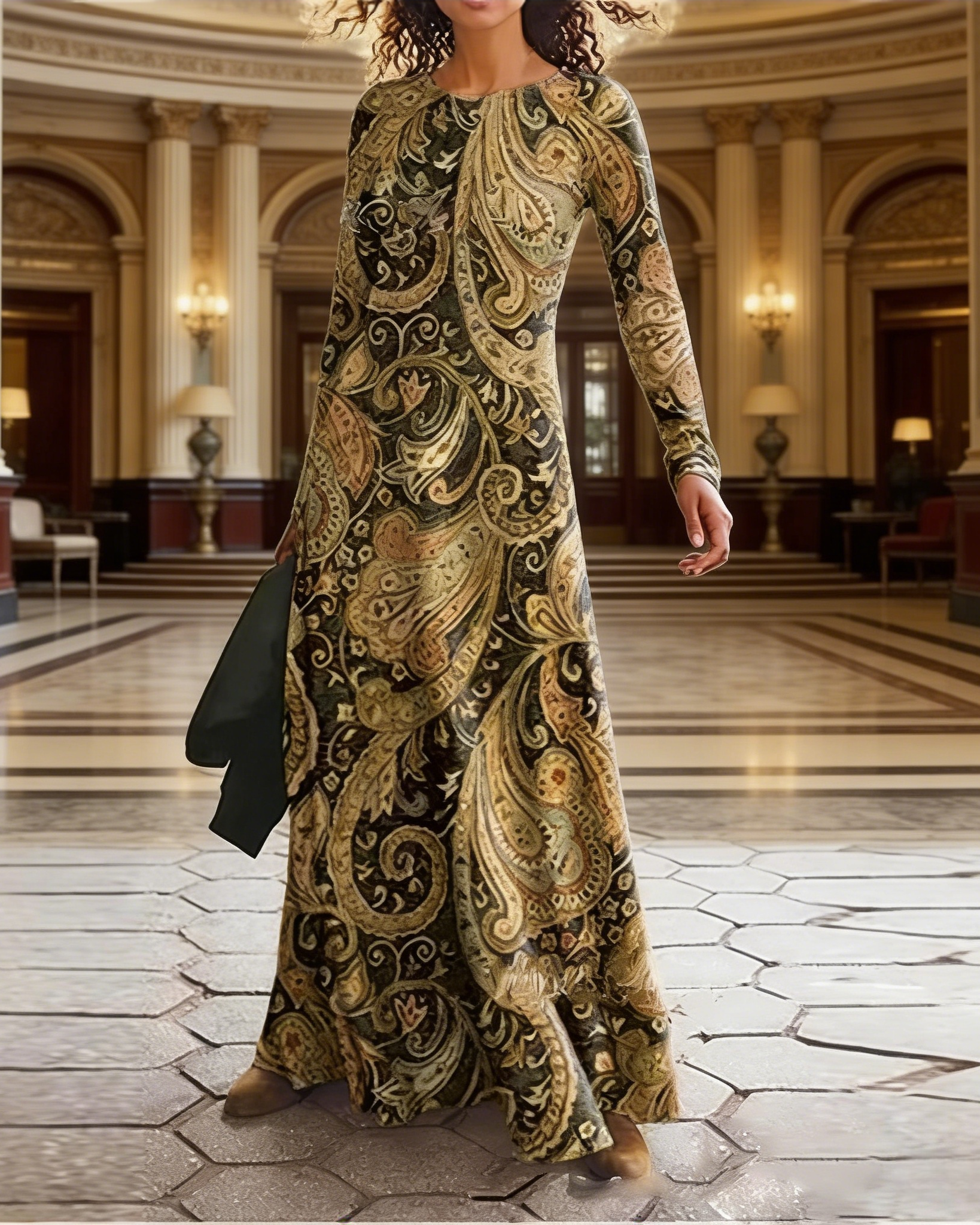 Damen Maxikleid Olivegrün: Elegantes Retro Paisley Kleid mit Langarm & Rundhals, Figurbetontes langes Kleid mit Digitaldruck, Vintage Herbstkleid für Freizeit & Event S-2XL