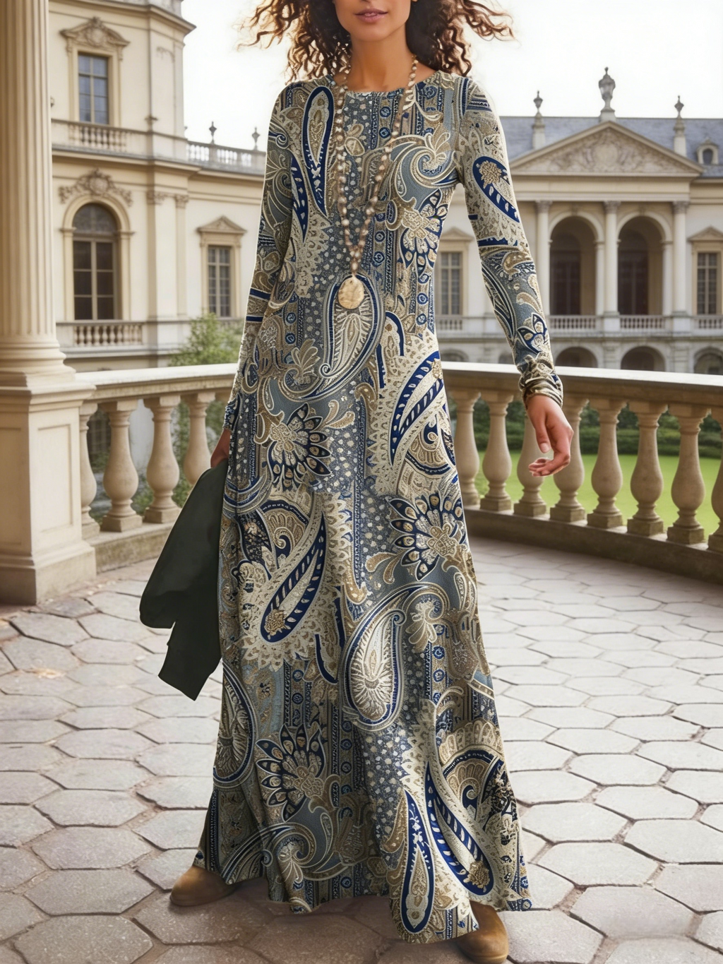 Damen Maxikleid Blau-Beige: Elegantes Retro Paisley Kleid mit Langarm & Rundhals, Figurbetontes langes Kleid mit Digitaldruck, Vintage Herbstkleid für Freizeit & Event S-2XL