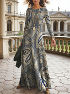 Damen Maxikleid Blau-Beige: Elegantes Retro Paisley Kleid mit Langarm & Rundhals, Figurbetontes langes Kleid mit Digitaldruck, Vintage Herbstkleid für Freizeit & Event S-2XL