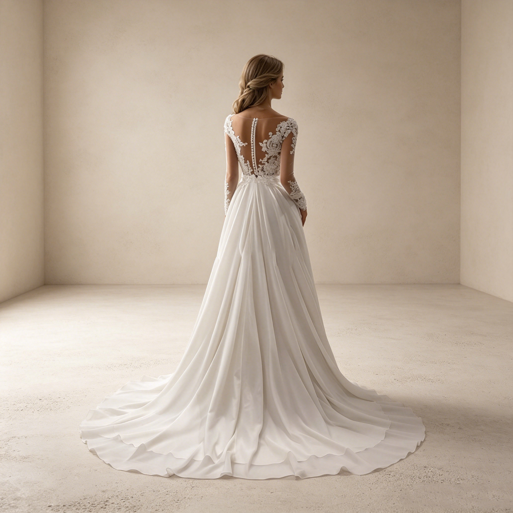 Elegantes A-Linien Abendkleid Weiß mit Schleppe | Transparentes Spitzen-Oberteil mit Langen Ärmeln und Fließendem Chiffonrock