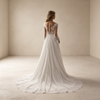 Elegantes A-Linien Abendkleid Weiß mit Schleppe | Transparentes Spitzen-Oberteil mit Langen Ärmeln und Fließendem Chiffonrock