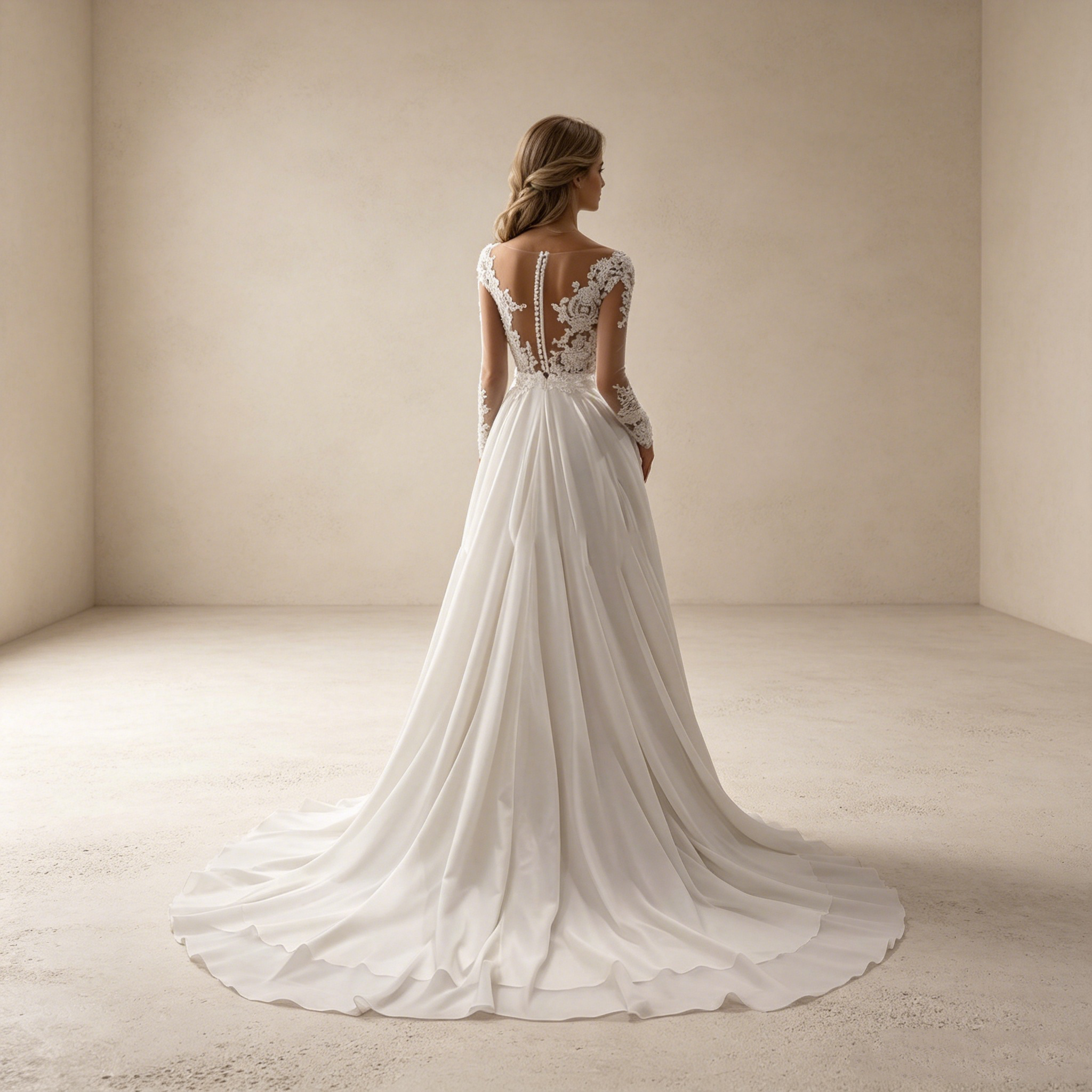Elegantes A-Linien Abendkleid Weiß mit Schleppe | Transparentes Spitzen-Oberteil mit Langen Ärmeln und Fließendem Chiffonrock