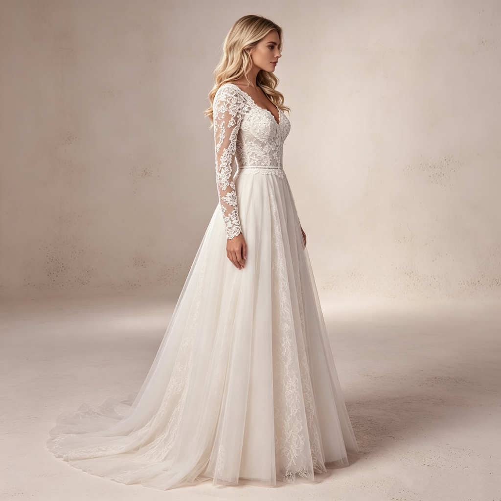 Elegantes High-Neck Abendkleid lang mit Spitze | Weißes Prinzessin Gala-Kleid
