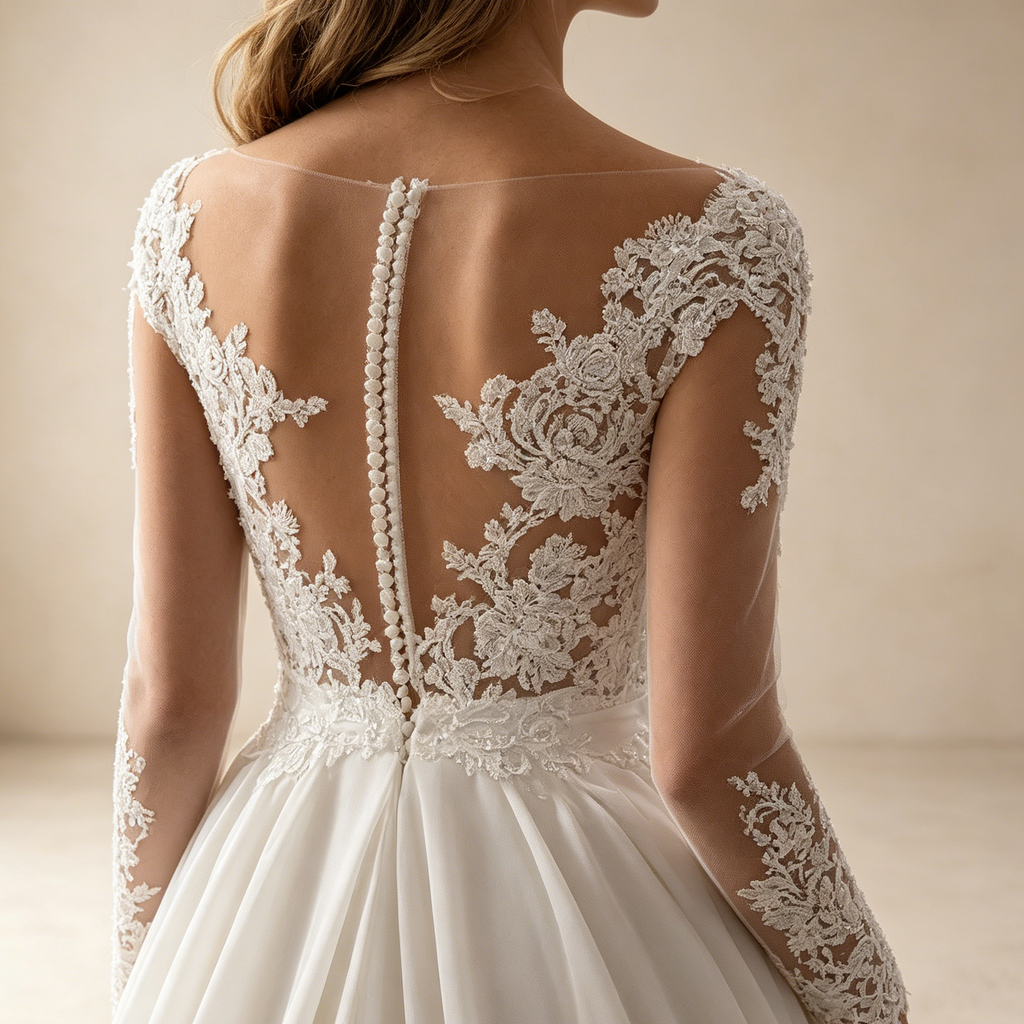 Elegantes A-Linien Abendkleid Weiß mit Schleppe | Transparentes Spitzen-Oberteil mit Langen Ärmeln und Fließendem Chiffonrock