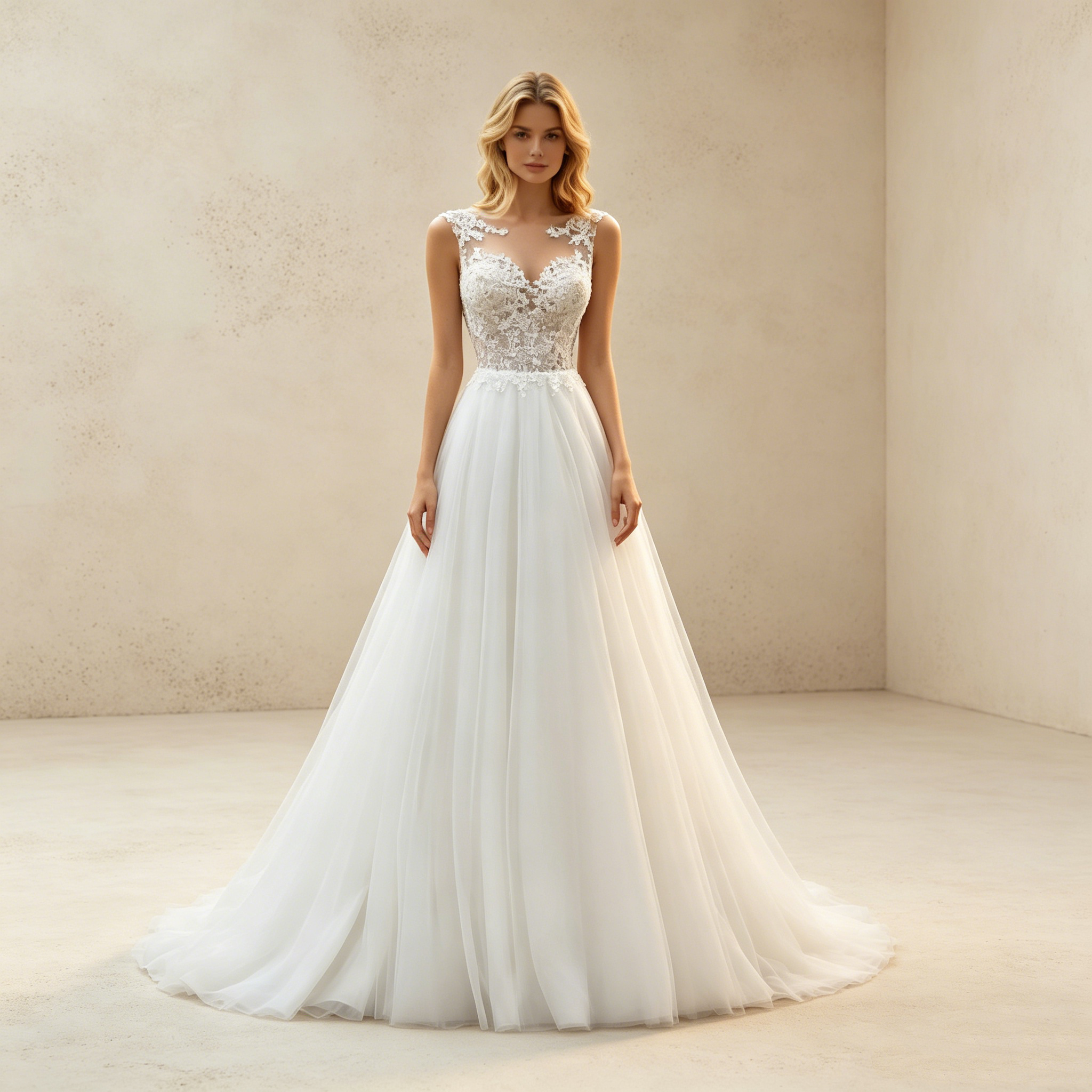 Elegantes A-Linien Abendkleid Weiß Ärmellos | Prinzessin Ballkleid mit Feiner Spitzenstickerei und Fließendem Soft-Tüllrock