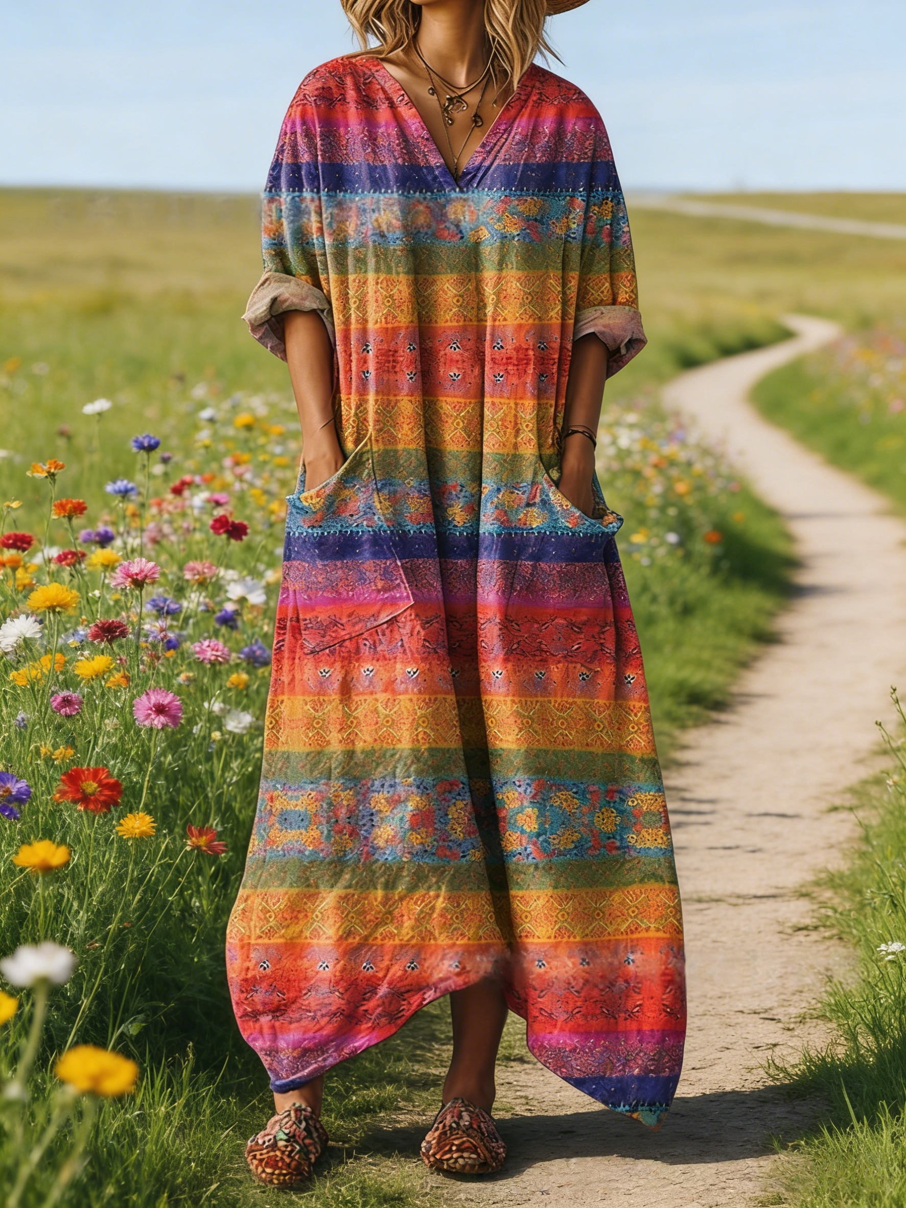 Damen Boho-Maxikleid im Vintage-Stil Bunt: Retro-Streifen & Ethno-Art, V-Ausschnitt & Praktische Taschen, Bequeme Passform, Ganzjährig S-5XL