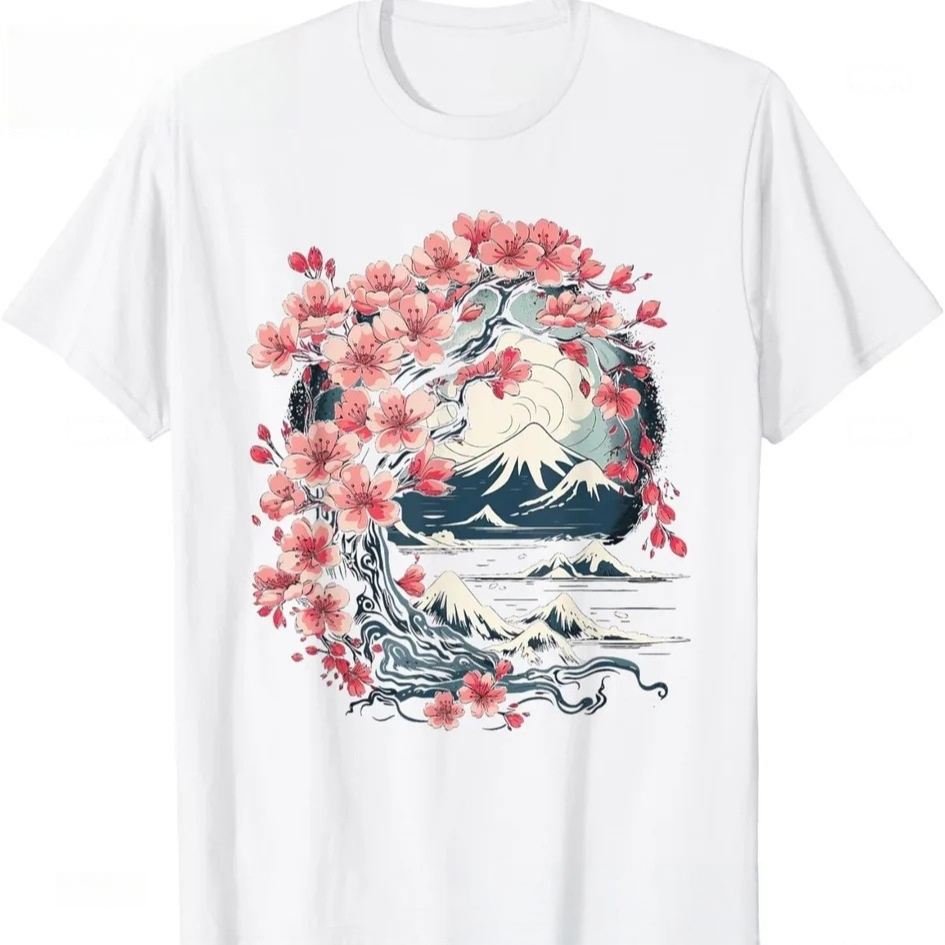 Damen T-Shirt Weiß aus 100% Baumwolle: Stylisches Japan-Design mit Kirschblüten & Fuji-Motiv, Vintage Grafik-Shirt, Casual Sommer-Oberteil (Frühling/Sommer/Herbst) S-5XL