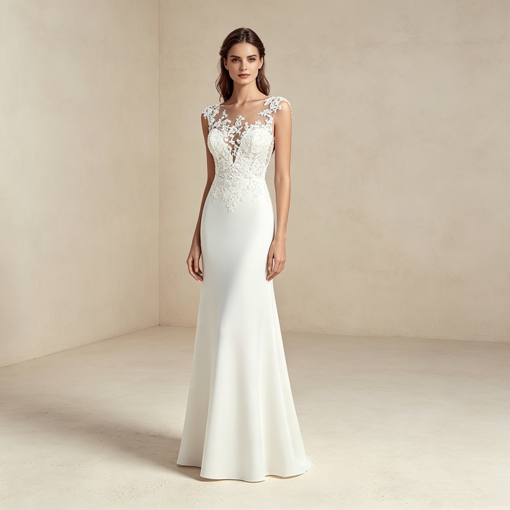 Elegantges Abendkleid lang mit Spitze | Ärmelloses Maxikleid Chiffon Weiß