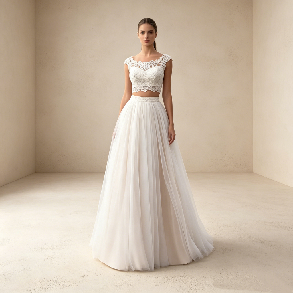 Elegantes Zweiteiler Abendkleid Weiß | Spitzen Crop Top mit Illusion-Ausschnitt und Voluminöser Soft-Tüllrock Bodenlang