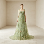Elegantes Abendkleid lang mit Blumenstickerei | Salbeigrün Festkleid Tüll