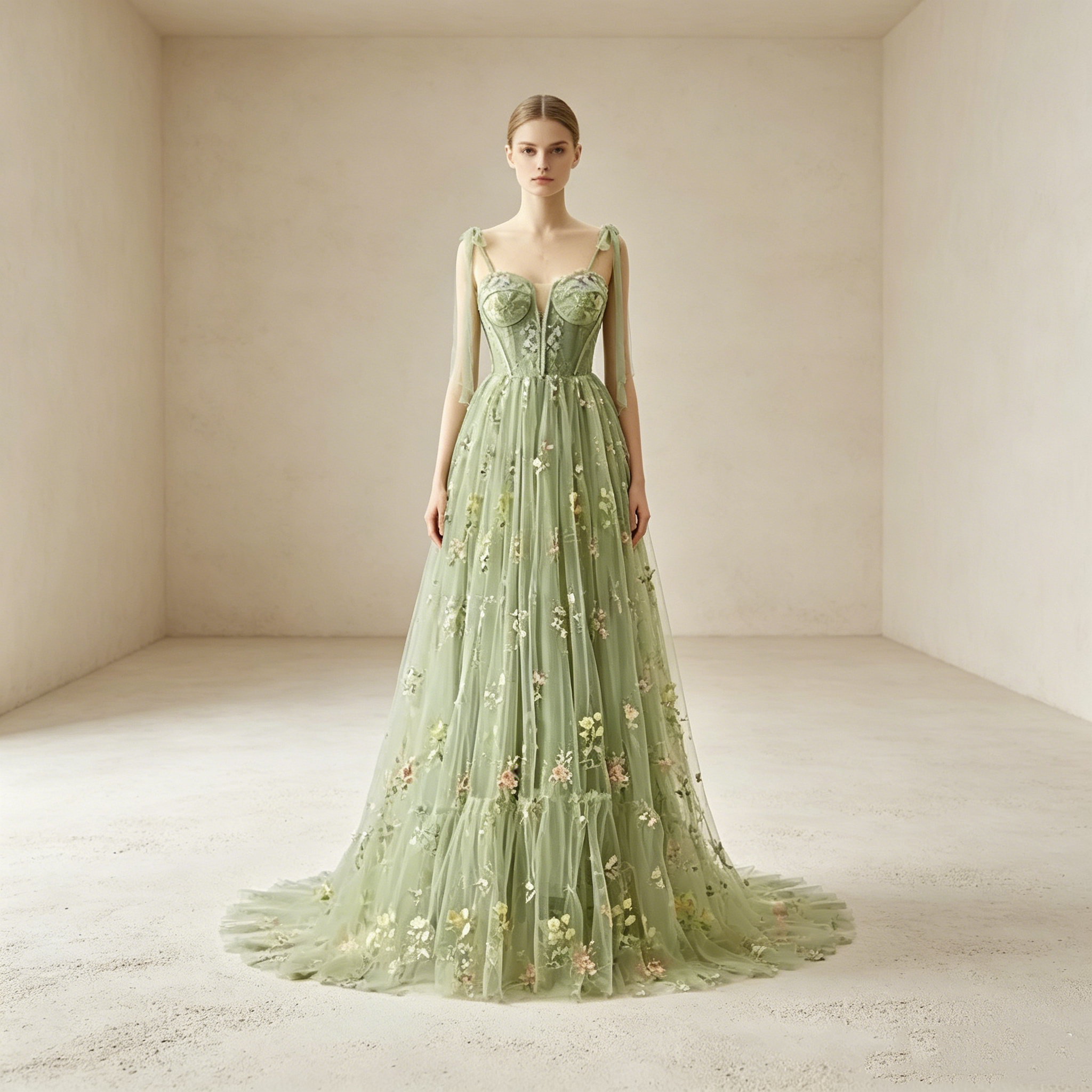 Elegantes Abendkleid lang mit Blumenstickerei | Salbeigrün Festkleid Tüll