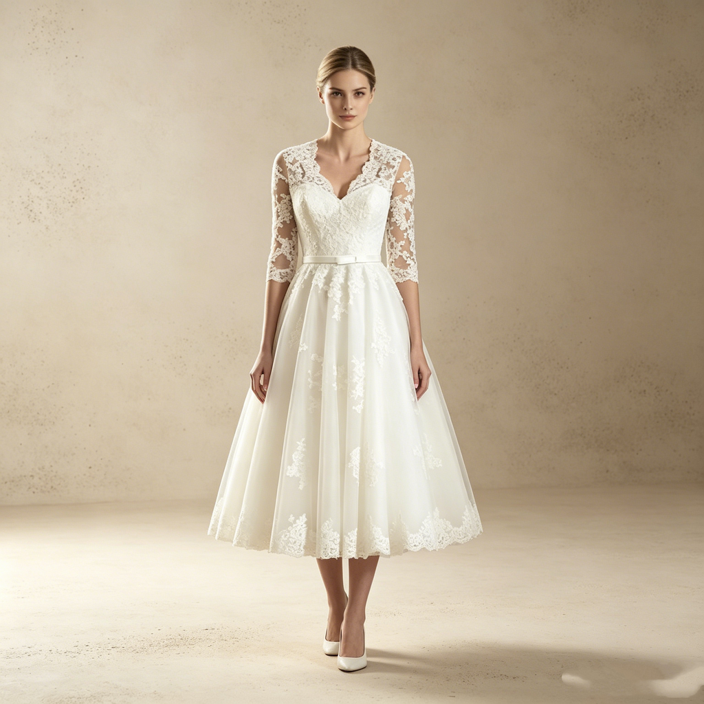 Elegantes Midi-Festkleid in A-Linie | Weißes Kleid mit Spitzenoberteil und V-Ausschnitt