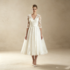 Elegantes Midi-Festkleid in A-Linie | Weißes Kleid mit Spitzenoberteil und V-Ausschnitt