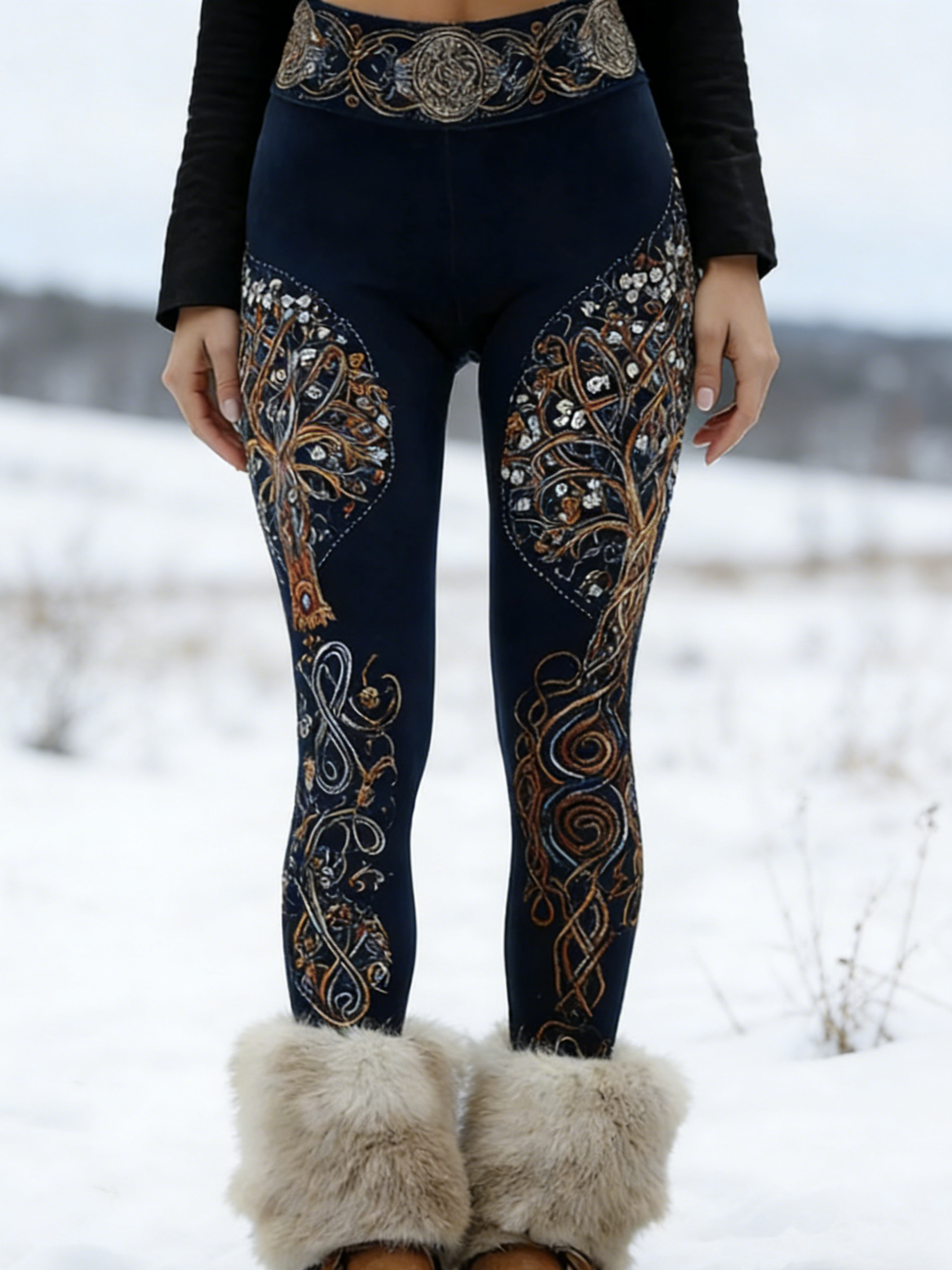 Viking Leggings Blau: 3D-Druck Baum des Lebens, Shaping, Hoher Bund S-5XL