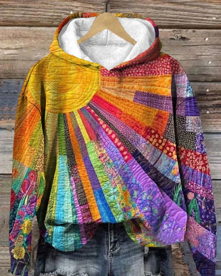 Art Hoodie Damen Bunt: 3D-Druck Patchwork-Optik, Sonne & Blumen, Boho Pullover Größe S-5XL