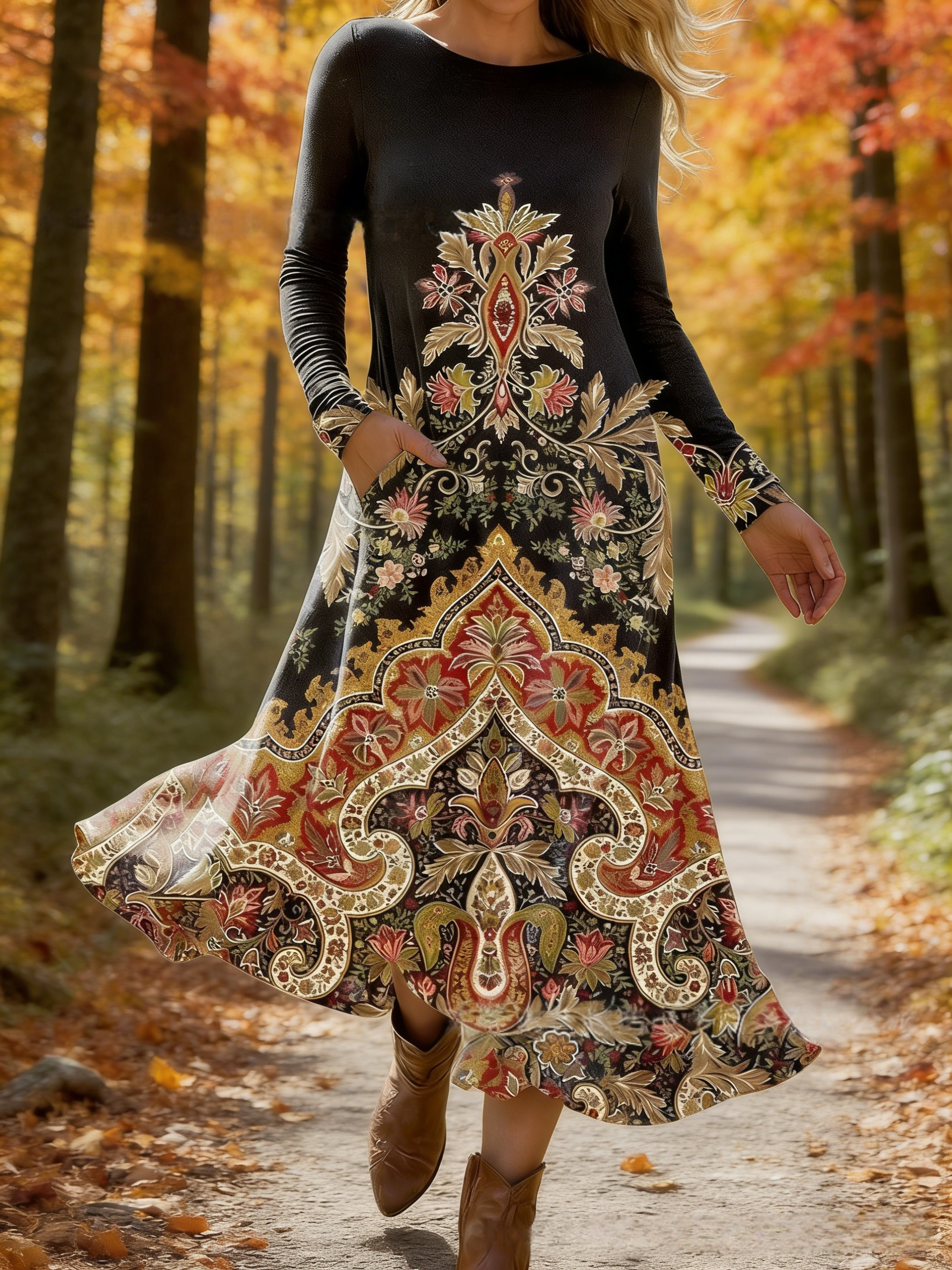 Damen Herbstkleid Anthrazit: Elegantes Maxikleid mit Ethno-Print & Taschen, Langarm Rundhals Freizeitkleid, Vintage Retro-Stil Langes Jerseykleid für Alltag & Event S-4XL