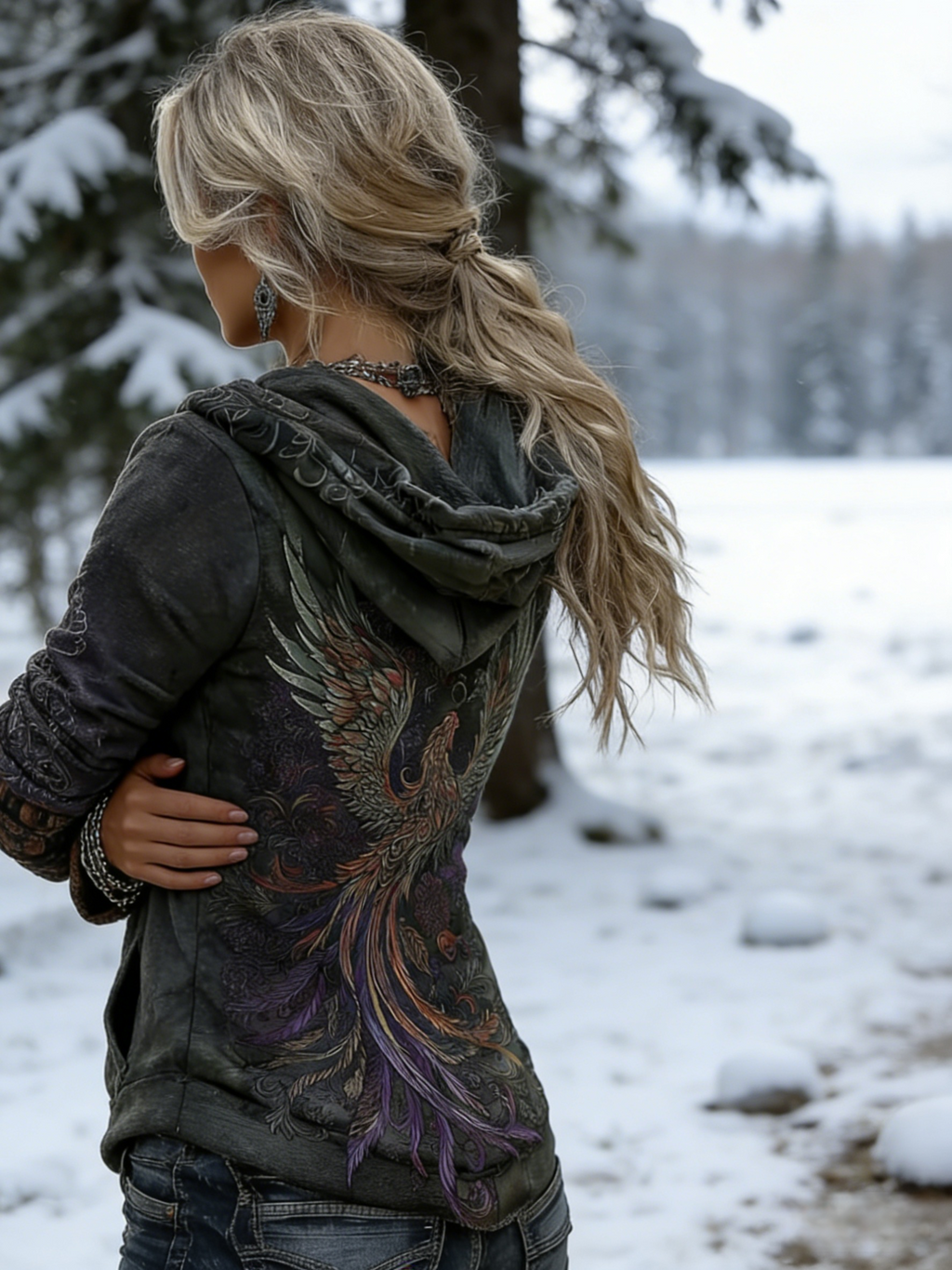 Damen Wikinger-Mythologie Phönix Stickerei Bequeme Wärme V-Ausschnitt Kapuzenpullover Size S-5XL