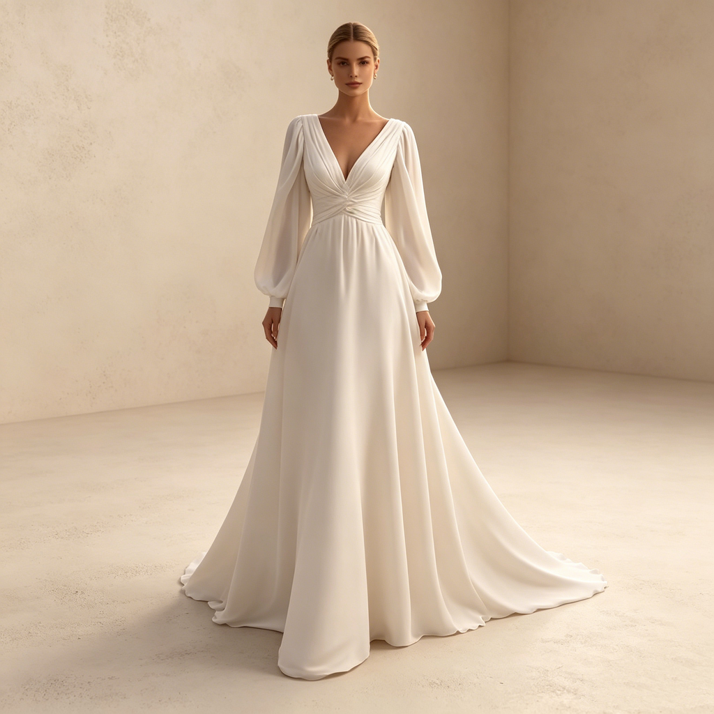 Elegantes V-Ausschnitt Abendkleid lang mit Laternenärmeln | Weißes Festkleid
