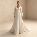 Elegantes V-Ausschnitt Abendkleid lang mit Laternenärmeln | Weißes Festkleid