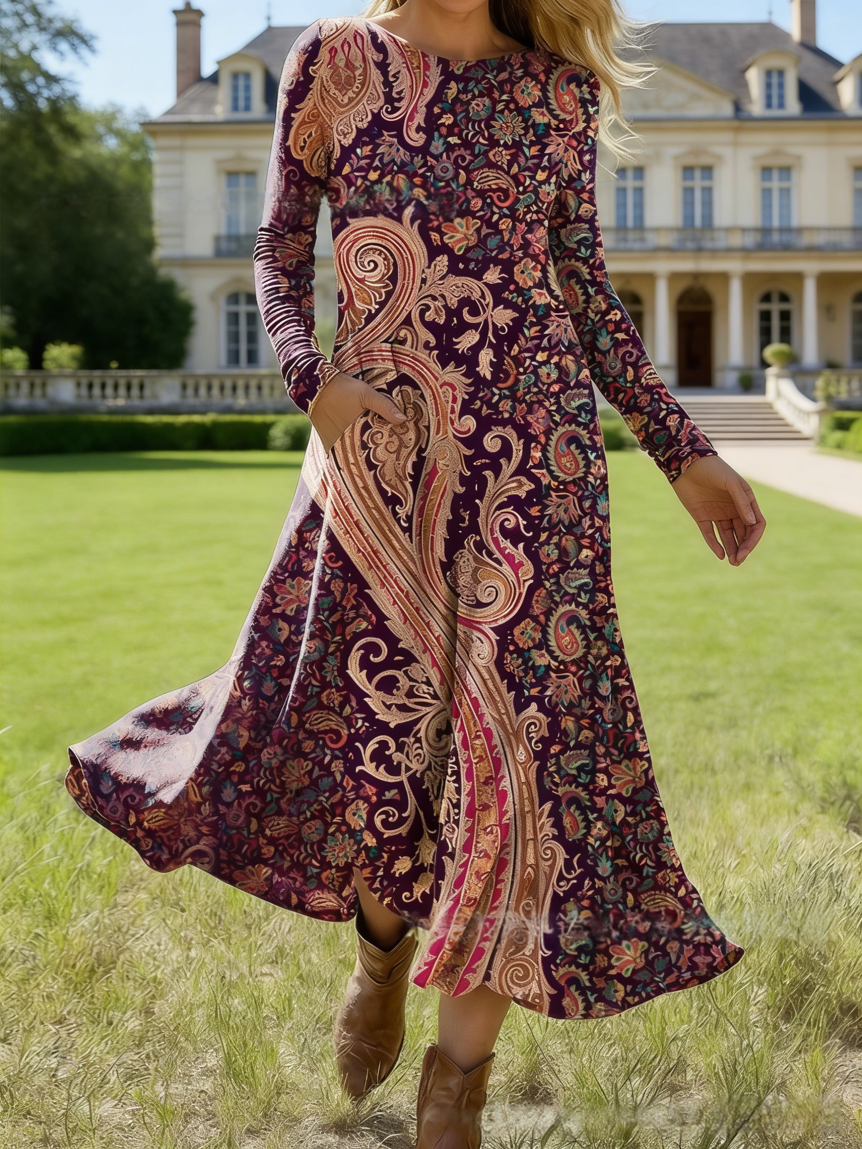 Damen Maxikleid Weinrot: Elegantes Paisley Herbstkleid mit Langarm & Taschen, Vintage Boho Langarmkleid, Figurbetontes Jerseykleid mit Rundhals für Alltag & Event S-4XL