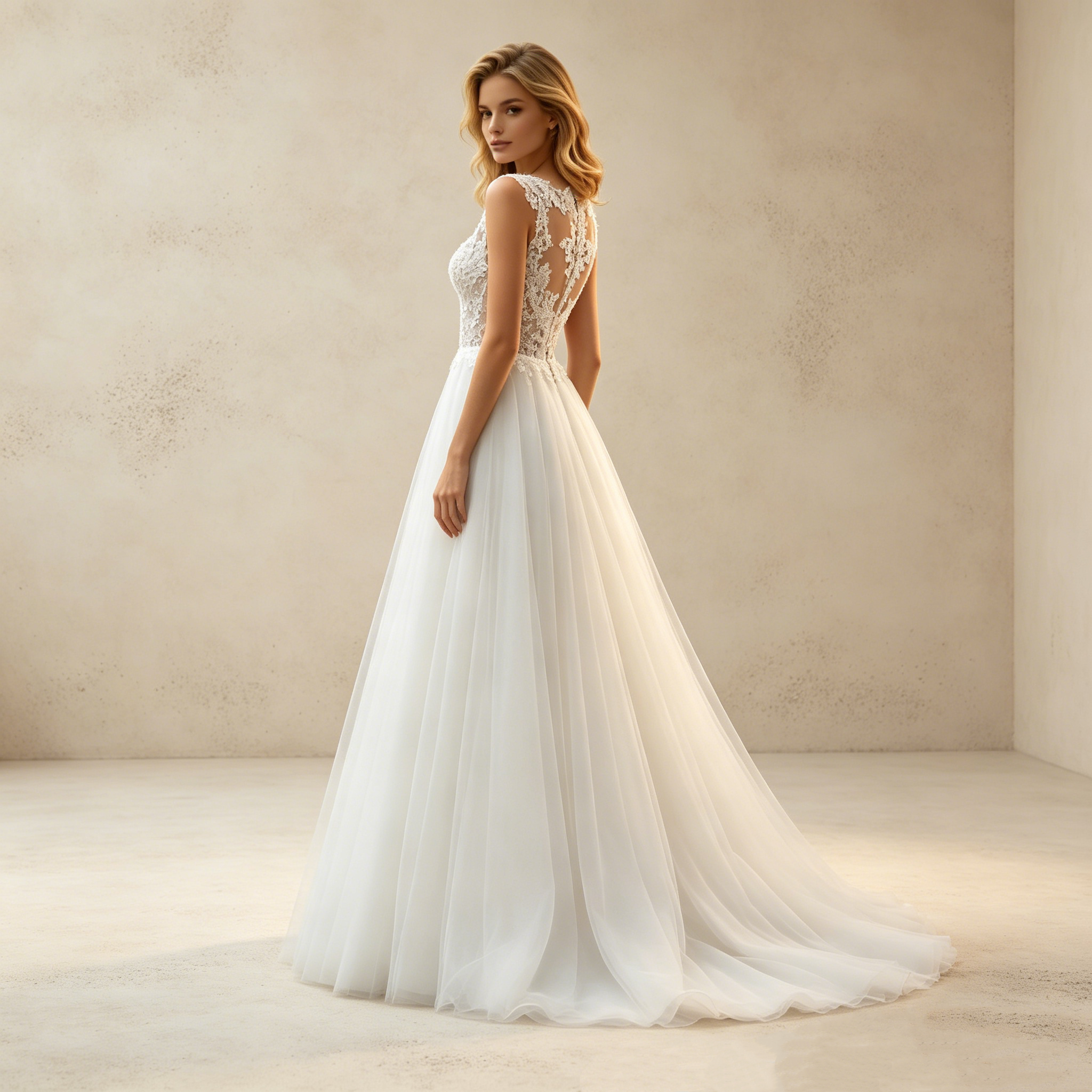 Elegantes A-Linien Abendkleid Weiß Ärmellos | Prinzessin Ballkleid mit Feiner Spitzenstickerei und Fließendem Soft-Tüllrock