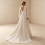 Elegantes V-Ausschnitt Abendkleid lang mit Laternenärmeln | Weißes Festkleid