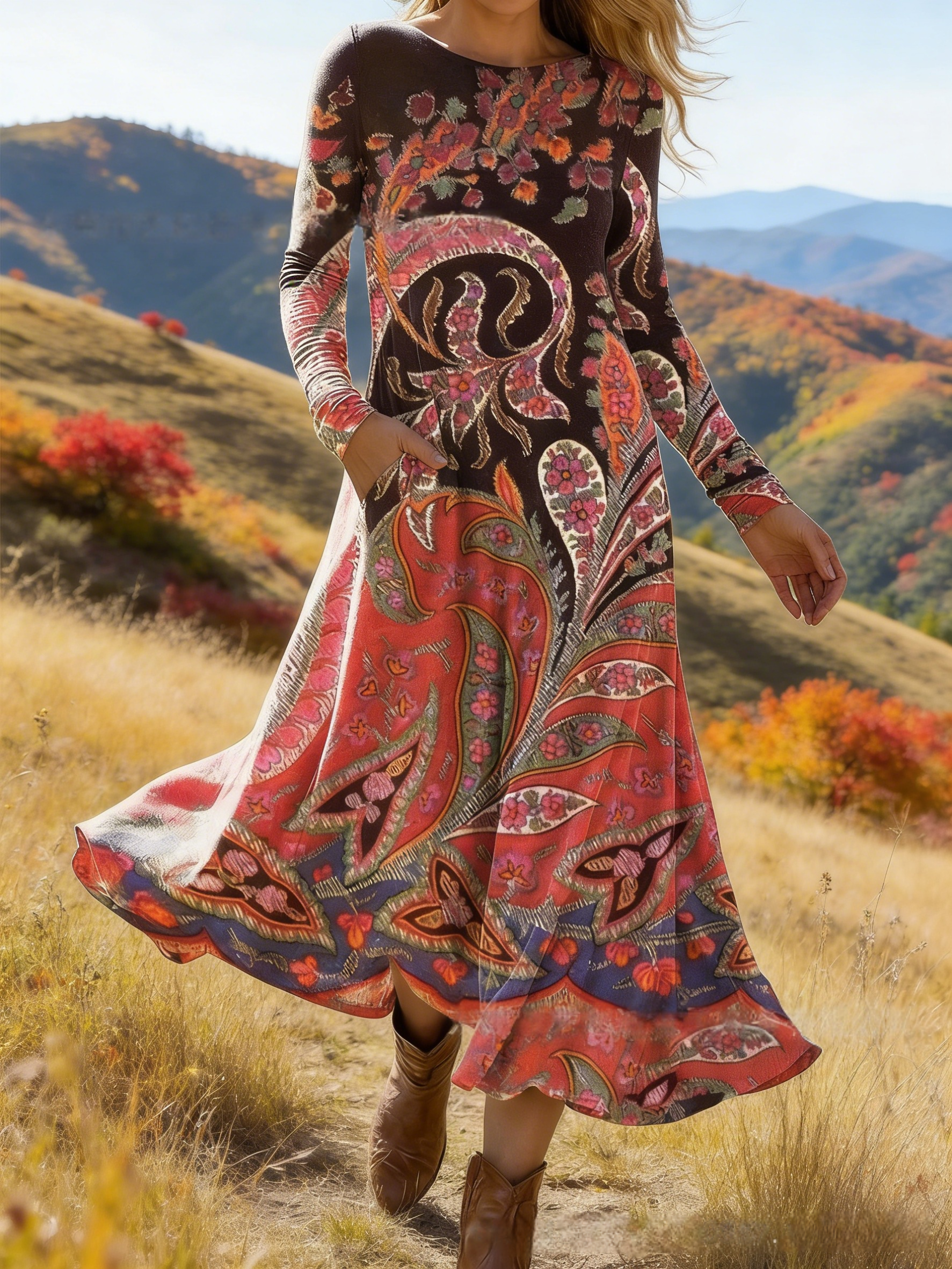 Damen Maxikleid Dunkelbraun: Elegantes Boho Herbstkleid mit Blumenprint & Taschen, Langarm Rundhals Freizeitkleid, Vintage Ethno-Stil Jerseykleid für Alltag & Event S-4XL