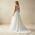 Elegantes A-Linien Abendkleid Weiß Ärmellos | Prinzessin Ballkleid mit Feiner Spitzenstickerei und Fließendem Soft-Tüllrock